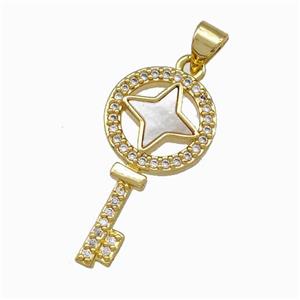 Copper Key Pendant Pave Shell Zirconia 18K Gold Plated, approx 13-25mm
