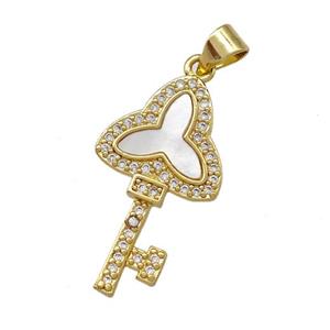 Copper Key Pendant Pave Shell Zirconia 18K Gold Plated, approx 14-25mm