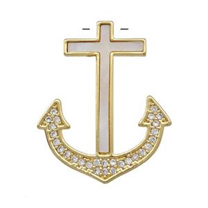 Copper Anchor Pendant Pave SHell Zirconia 18K Gold Plated, approx 25-30mm
