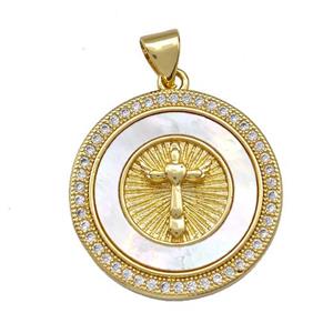 Copper Circle Pendant Pave Shell Zirconia Cross 18K Gold Plated, approx 22mm