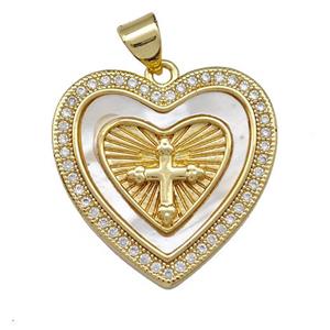 Copper Heart Pendant Pave Shell Zirconia Cross 18K Gold Plated, approx 22mm