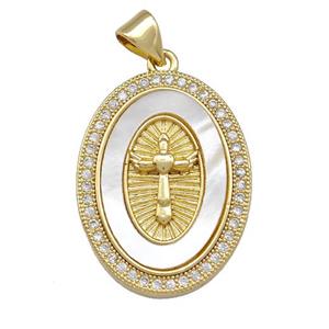 Copper Oval Pendant Pave Shell Zirconia Cross 18K Gold Plated, approx 18-25mm