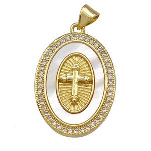 Copper Oval Pendant Pave Shell Zirconia Cross 18K Gold Plated, approx 18-25mm