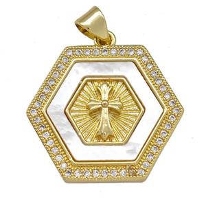Copper Hexagon Pendant Pave Shell Zirconia Cross 18K Gold Plated, approx 21-24mm