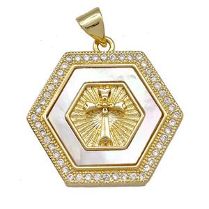 Copper Hexagon Pendant Pave Shell Zirconia Cross 18K Gold Plated, approx 21-24mm