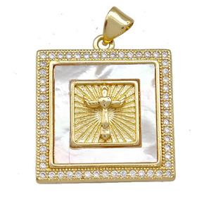 Copper Square Pendant Pave Shell Zirconia Cross 18K Gold Plated, approx 22x22mm