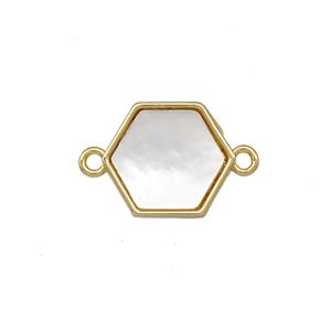 Copper Hexagon Connector Pave Shell 18K Gold Plated, approx 12mm