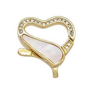 Copper Lobster Clasp Pave Shell Zircoina Heart 18K Gold Plated, approx 18-20mm