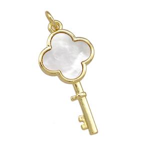 Copper Key Charms Pendant Pave Shell Clover 18K Gold Plated, approx 13-26mm