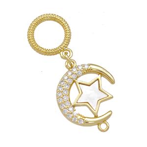 Copper Moon Star Pendant Pave Shell Zirconia 18K Gold Plated, approx 11mm, 14-15mm