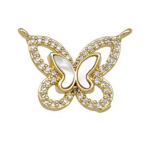 Copper Butterfly Pendant Pave Shell Zirconia 2loops 18K Gold Plated, approx 14-17mm