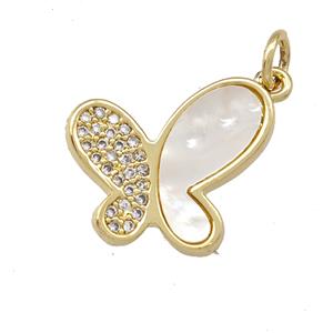 Copper Butterfly Pendant Pave Shell Zirconia 18K Gold Plated, approx 15-17mm