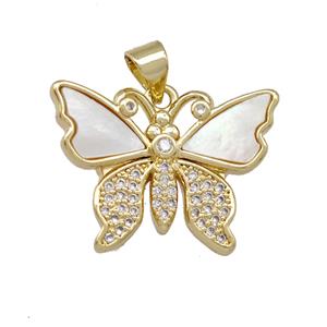 Copper Butterfly Pendant Pave Shell Zirconia 18K Gold Plated, approx 16-23mm
