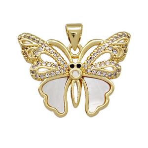 Copper Butterfly Pendant Pave Shell Zirconia 18K Gold Plated, approx 20-25mm
