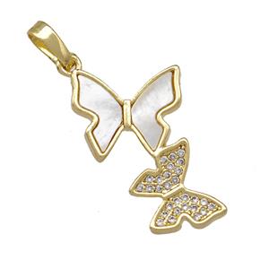 Copper Double Butterfly Pendant Pave Shell Zirconia 18K Gold Plated, approx 14-25mm