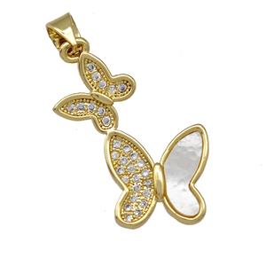 Copper Double Butterfly Pendant Pave Shell Zirconia 18K Gold Plated, approx 15-25mm