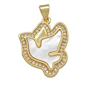 Copper Doves Pendant Pave Shell Zirconia Birds 18K Gold Plated, approx 18-20mm