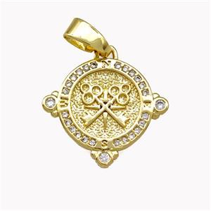 Copper Circle Pendant Pave Zirconia Key Gold Plated, approx 14mm