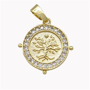 Copper Circle Pendant Pave Zirconia Tree Gold Plated, approx 16mm