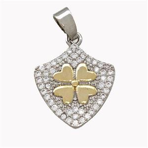 Copper Shield Pendant Micro Pave Zirconia Clover Platinum Plated, approx 17-18mm