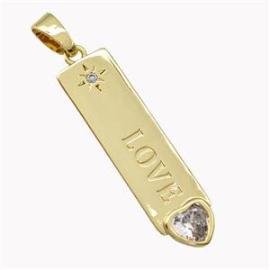 Copper Stick Pendant Pave Zirconia LOVE Heart Gold Plated, approx 8-30mm