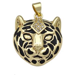 Copper Tiger Pendant Pave Zirconia Black Enamel Gold Plated, approx 20mm