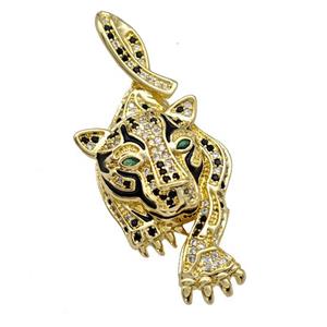 Copper Leopard Pendant Pave Zirconia Black Enamel Gold Plated, approx 20-48mm