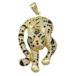 Copper Leopard Pendant Pave Zirconia Black Enamel Gold Plated, approx 30-40mm