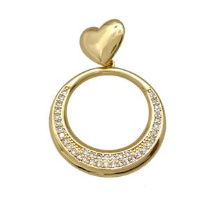 Copper Circle Pendant Pave Zirconia Heart Gold Plated, approx 13mm, 28mm