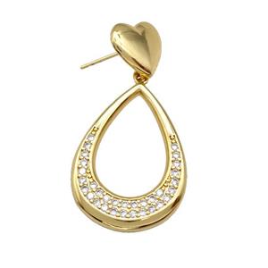 Copper Teardrop Stud Earrings Pave Zirconia Heart Gold Plated, approx 13mm, 21-30mm