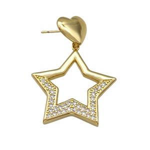 Copper Star Stud Earrings Pave Zirconia Heart Gold Plated, approx 13mm, 30mm