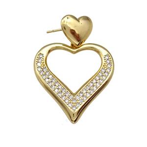 Copper Heart Stud Earrings Pave Zirconia Heart Gold Plated, approx 13mm, 29-30mm