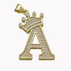 Copper Letter-A Pendant Micro Pave Zirconia Crown Gold Plated, approx 18-25mm