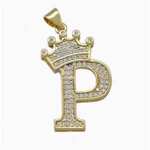 Copper Letter-P Pendant Micro Pave Zirconia Crown Gold Plated, approx 18-25mm