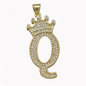 Copper Letter-Q Pendant Micro Pave Zirconia Crown Gold Plated, approx 18-25mm