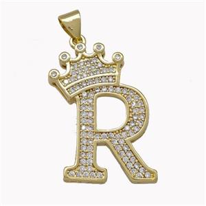 Copper Letter-R Pendant Micro Pave Zirconia Crown Gold Plated, approx 18-25mm