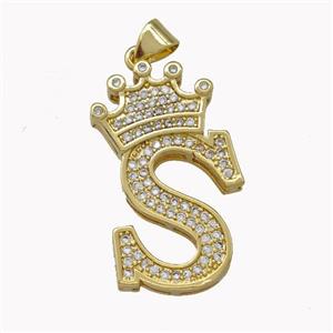 Copper Letter-S Pendant Micro Pave Zirconia Crown Gold Plated, approx 18-25mm