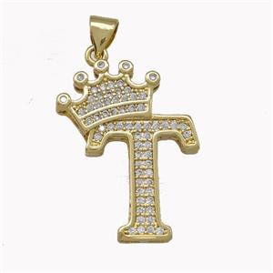 Copper Letter-T Pendant Micro Pave Zirconia Crown Gold Plated, approx 18-25mm