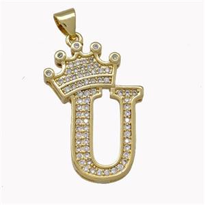 Copper Letter-U Pendant Micro Pave Zirconia Crown Gold Plated, approx 18-25mm