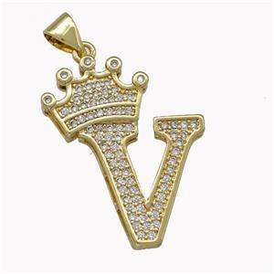 Copper Letter-V Pendant Micro Pave Zirconia Crown Gold Plated, approx 18-25mm