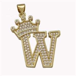 Copper Letter-W Pendant Micro Pave Zirconia Crown Gold Plated, approx 18-25mm