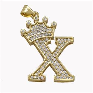 Copper Letter-X Pendant Micro Pave Zirconia Crown Gold Plated, approx 18-25mm