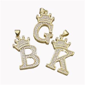 Copper Alphabet Pendant Micro Pave Zirconia Mixed Letters Crown Gold Plated, approx 18-25mm