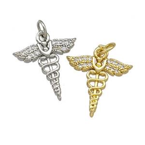 Copper Caduceus Charms Pendant Pave Zirconia Mixed, approx 15-16mm
