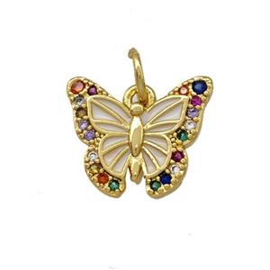 Copper Butterfly Pendant Pave Zirconia White Painted Gold Plated, approx 10-13mm