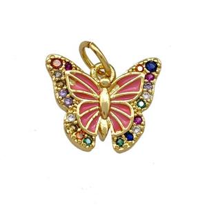 Copper Butterfly Pendant Pave Zirconia Pink Painted Gold Plated, approx 10-13mm
