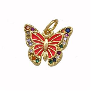 Copper Butterfly Pendant Pave Zirconia Red Painted Gold Plated, approx 10-13mm