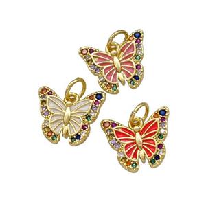 Copper Butterfly Pendant Pave Zirconia Painted Gold Plated Mixed, approx 10-13mm
