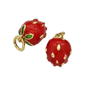 Copper Strawberry Pendant Red Enamel Gold Plated, approx 8-9mm