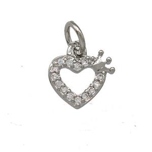 Copper Heart Pendant Pave Zirconia Crown Platinum Plated, approx 8mm